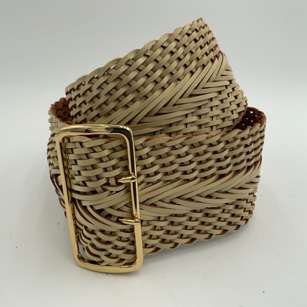 Linea Pelle Women's Cream Leather Woven Braided Wide Belt Brass Buckle - Size S - Picture 6 of 6